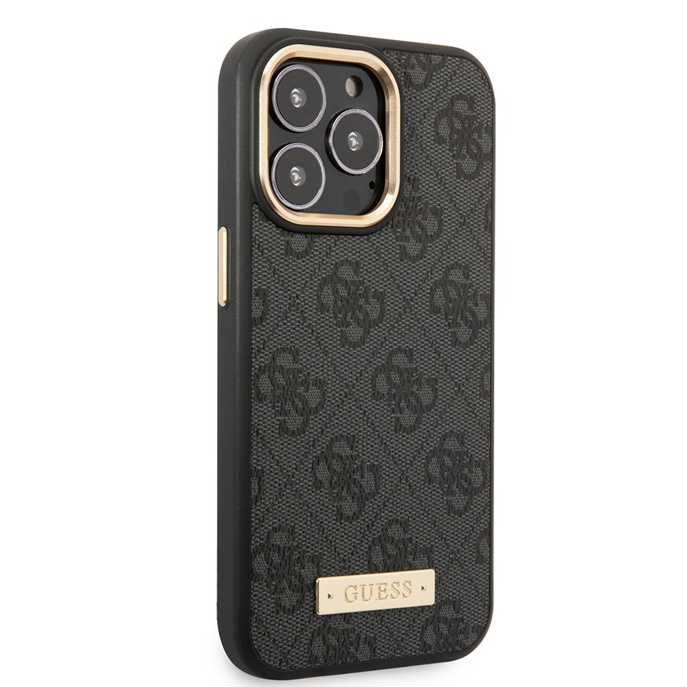 Apple iPhone 14 Pro Max Kılıf Guess Orjinal Lisanslı M-safe Şarj Özellikli 4G Desenli PU Metal Plaka Klasik Logolu Kapak