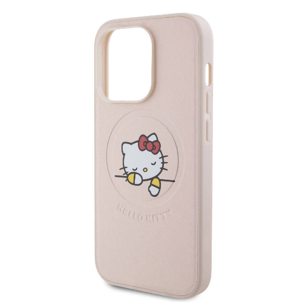 Apple iPhone 15 Pro Kılıf Hello Kitty Orjinal Lisanslı M-safe Şarj Özellikli Baskı Logolu Uyuyan Kitty Deri Kapak