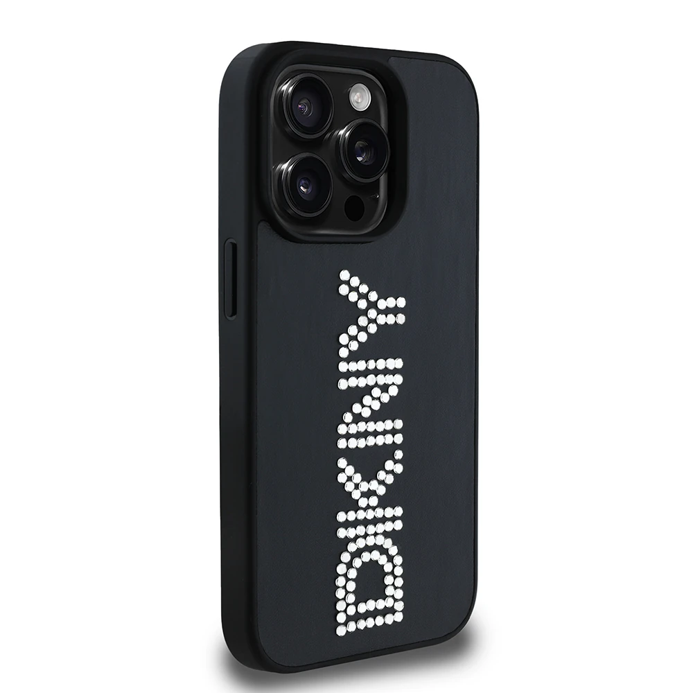 Apple iPhone 15 Pro Max Kılıf DKNY Orjinal Lisanslı Taşlı DKNY Yazılı Metalik Rhinestones PU Deri Kapak