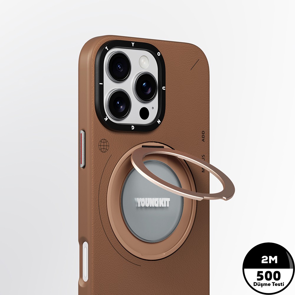 iPhone 16 Pro Max Kılıf Magsafe Şarj Özellikli 360° Standlı Basit Mat Deri Desenli Youngkit Tech Leather Serisi Kılıf