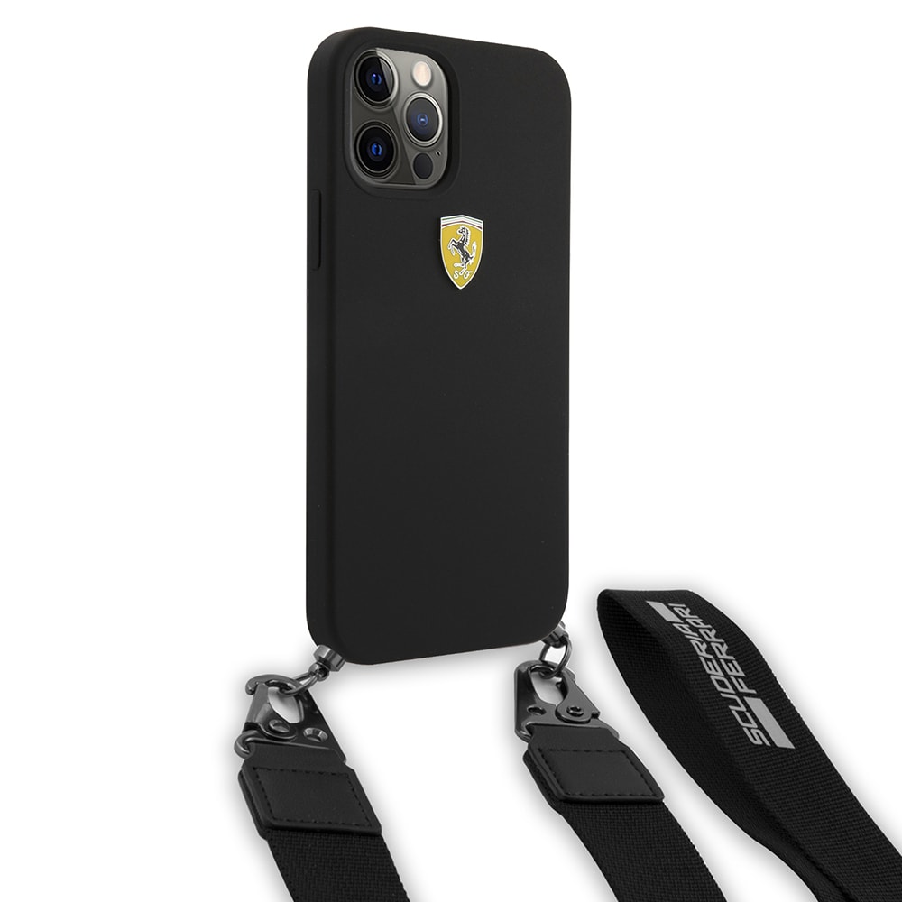 Apple iPhone 12 Pro Kılıf Ferrari Orjinal Lisanslı Askılı Metal Logolu Kapak