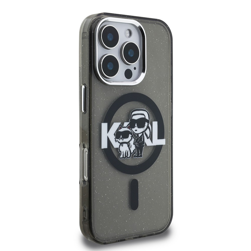 Apple iPhone 16 Pro Max Kılıf Karl Lagerfeld Orjinal Lisanslı Parlayan Simli Karl & Choupette Sketch Logo Kapak