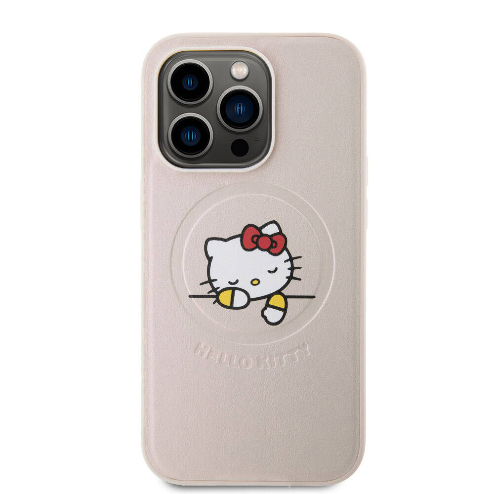 Apple iPhone 15 Pro Kılıf Hello Kitty Orjinal Lisanslı M-safe Şarj Özellikli Baskı Logolu Uyuyan Kitty Deri Kapak