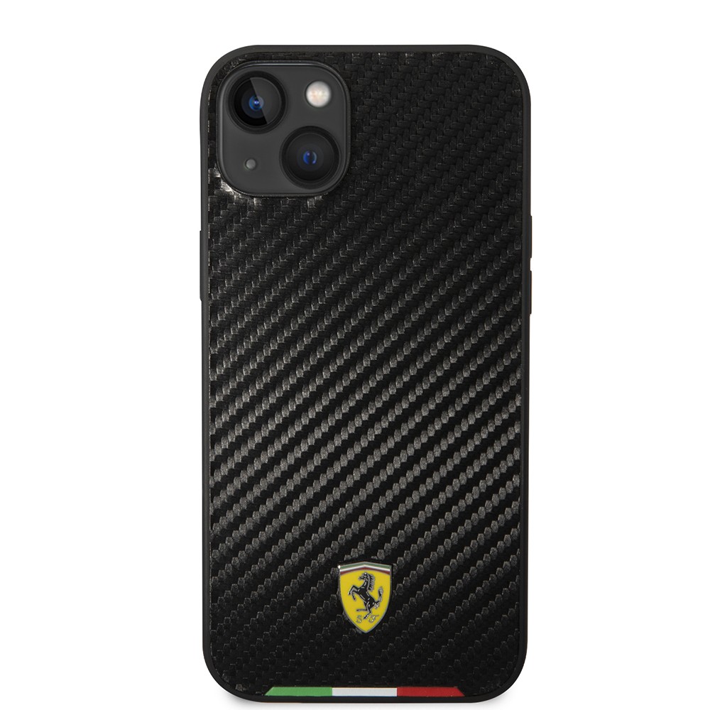 Apple iPhone 14 Plus Kılıf Ferrari Orjinal Lisanslı M-safe Şarj Özellikli Karbon İtalyan Bayrak Dizayn Kapak