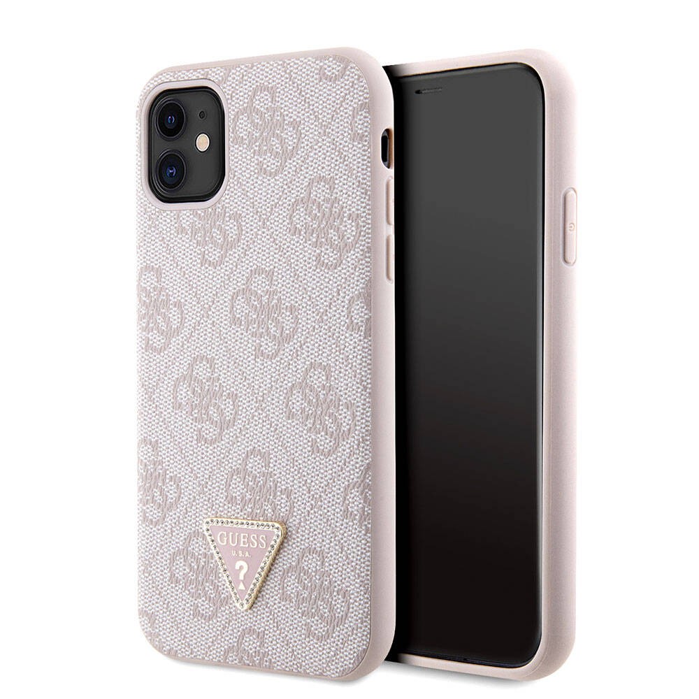 iPhone 11 Kılıf Guess Orjinal Lisanslı PU Deri Taşlı Üçgen Logo 4G Desenli Kılıf
