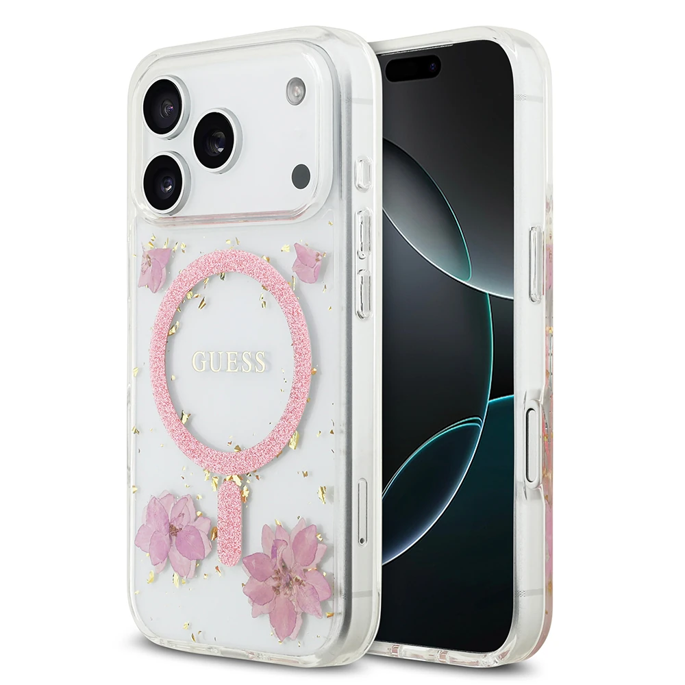 Apple iPhone 17 Pro Kılıf Guess Orjinal Lisanslı M-safe Şarj Özellikli Transparan Resin Flowers Kapak