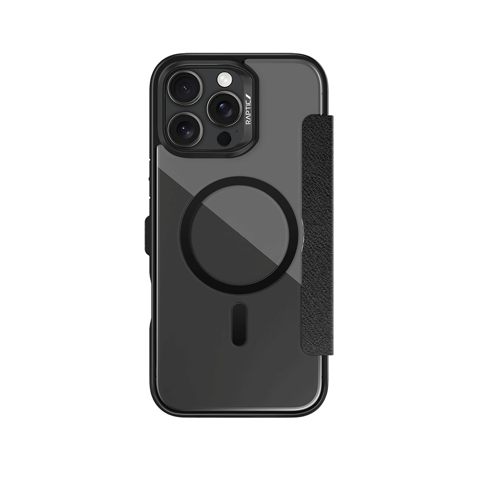 Apple iPhone 16 Pro Kılıf M-safe Şarj Özellikli Vegan Deri Tasarımlı Şeffaf Arka Yüzey Kartlıklı Raptic Urban Folio Serisi Kapak