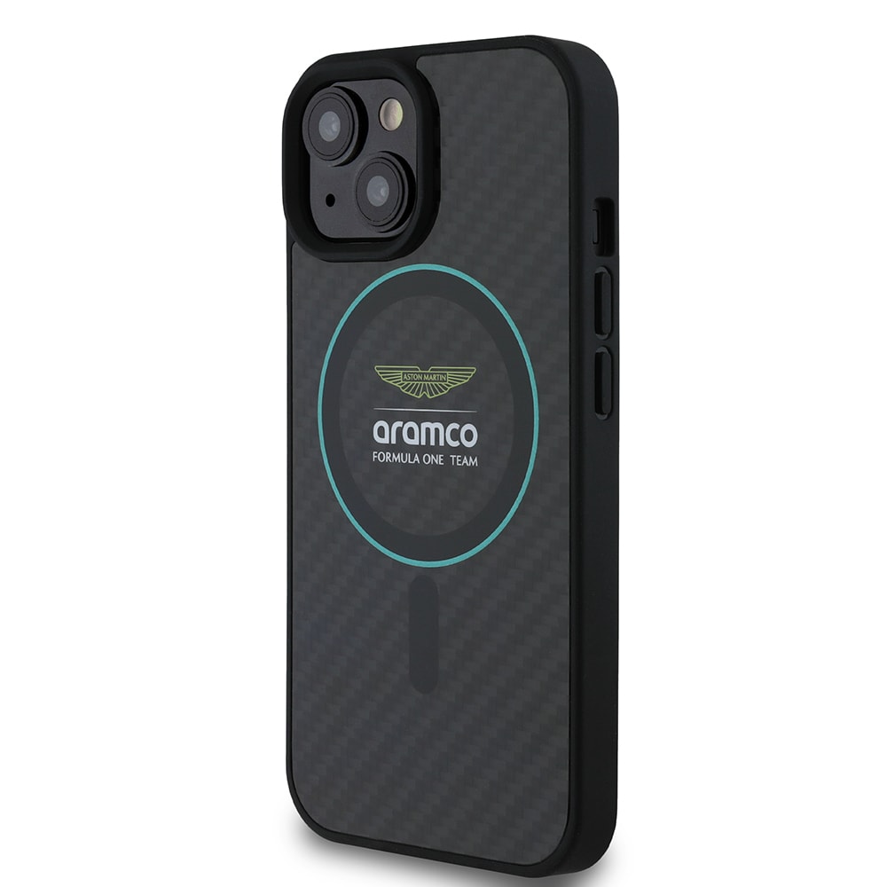 Apple iPhone 15 Kılıf Aston Martin Orjinal Lisanslı M-safe Şarj Özellikli Renkli Halka ve Karbon Fiber Tasarımlı Kapak