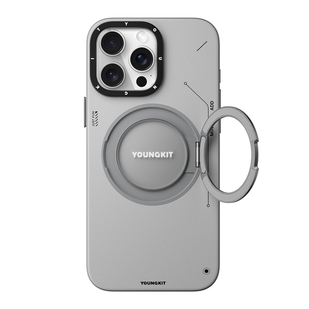 Apple iPhone 15 Pro Kılıf M-safe Şarj Özellikli 360° Standlı Basit Mat Deri Desenli Youngkit Tech Leather Serisi Kapak