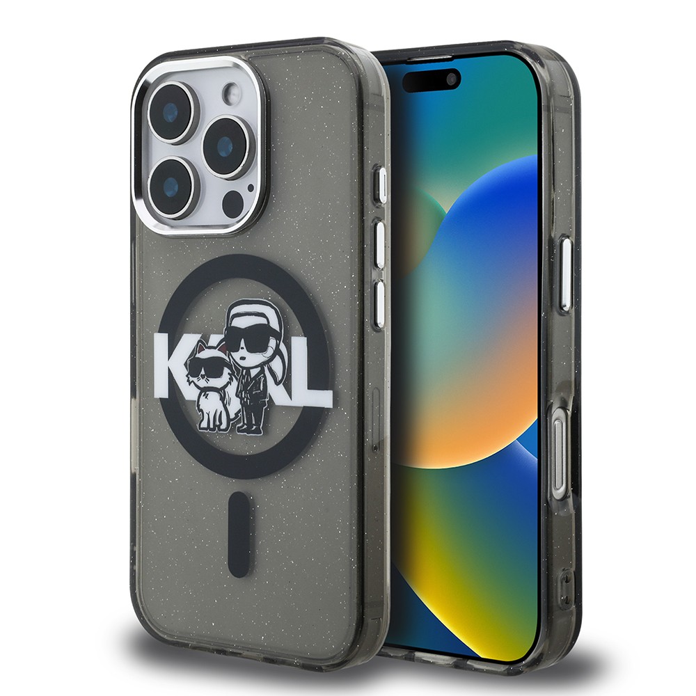 Apple iPhone 16 Pro Max Kılıf Karl Lagerfeld Orjinal Lisanslı Parlayan Simli Karl & Choupette Sketch Logo Kapak
