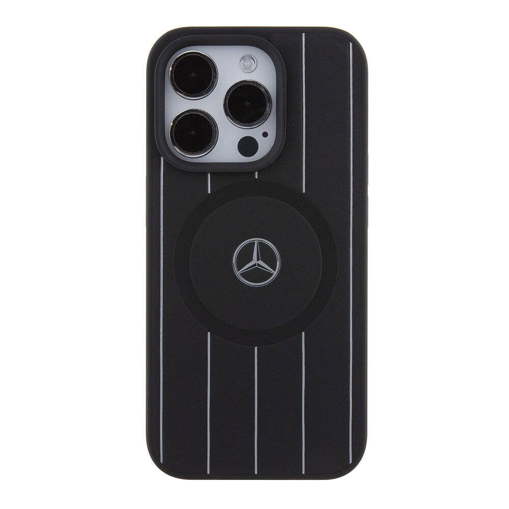 Apple iPhone 15 Pro Kılıf Mercedes Benz Orjinal Lisanslı M-safe Şarj Özellikli Baskı Logolu Paralel Çizgi Desenli Deri Kapak