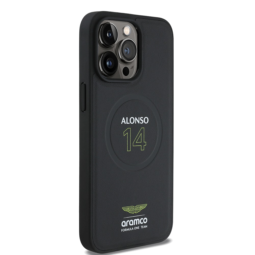 Apple iPhone 15 Pro Max Kılıf Aston Martin Orjinal Lisanslı M-safe Şarj Özellikli PU Deri Alonso 14 Baskılı Kapak