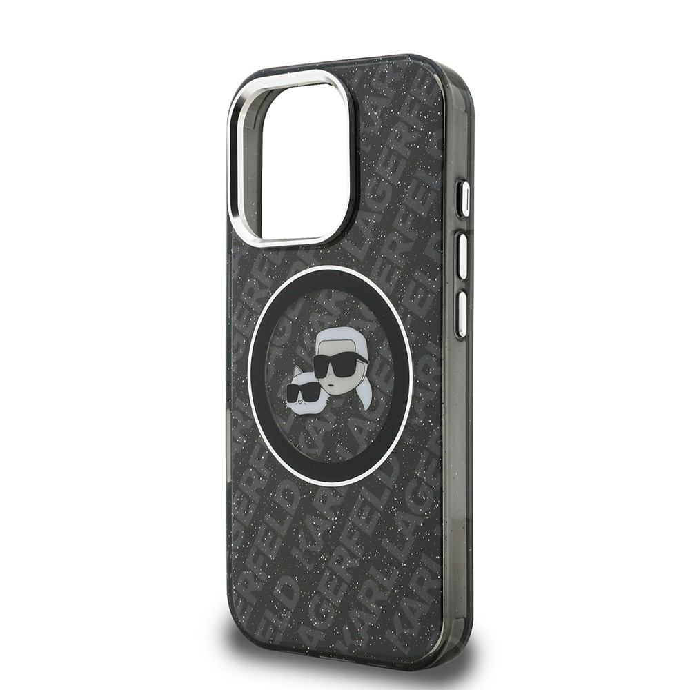 Apple iPhone 16 Pro Max Kılıf Karl Lagerfeld Orjinal Lisanslı Parlayan Simli Karl & Choupette Heads Kapak