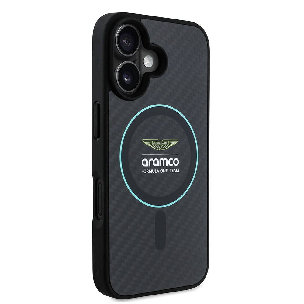 Apple iPhone 16 Kılıf Aston Martin Orjinal Lisanslı M-safe Şarj Özellikli Renkli Halka ve Karbon Fiber Tasarımlı Kapak