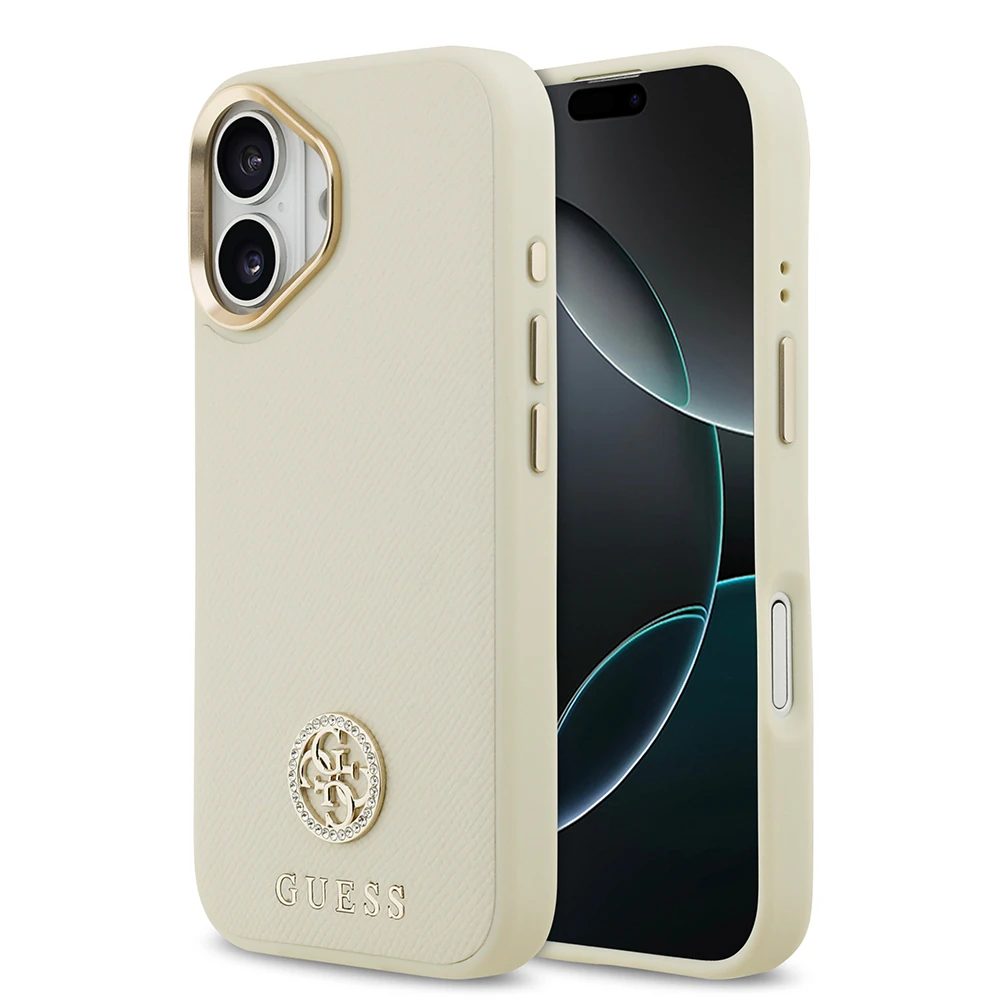 Apple iPhone 17 Kılıf Guess Orjinal Lisanslı M-safe Şarj Özellikli Grained Yazı ve Taşlı 4G Logolu Kapak