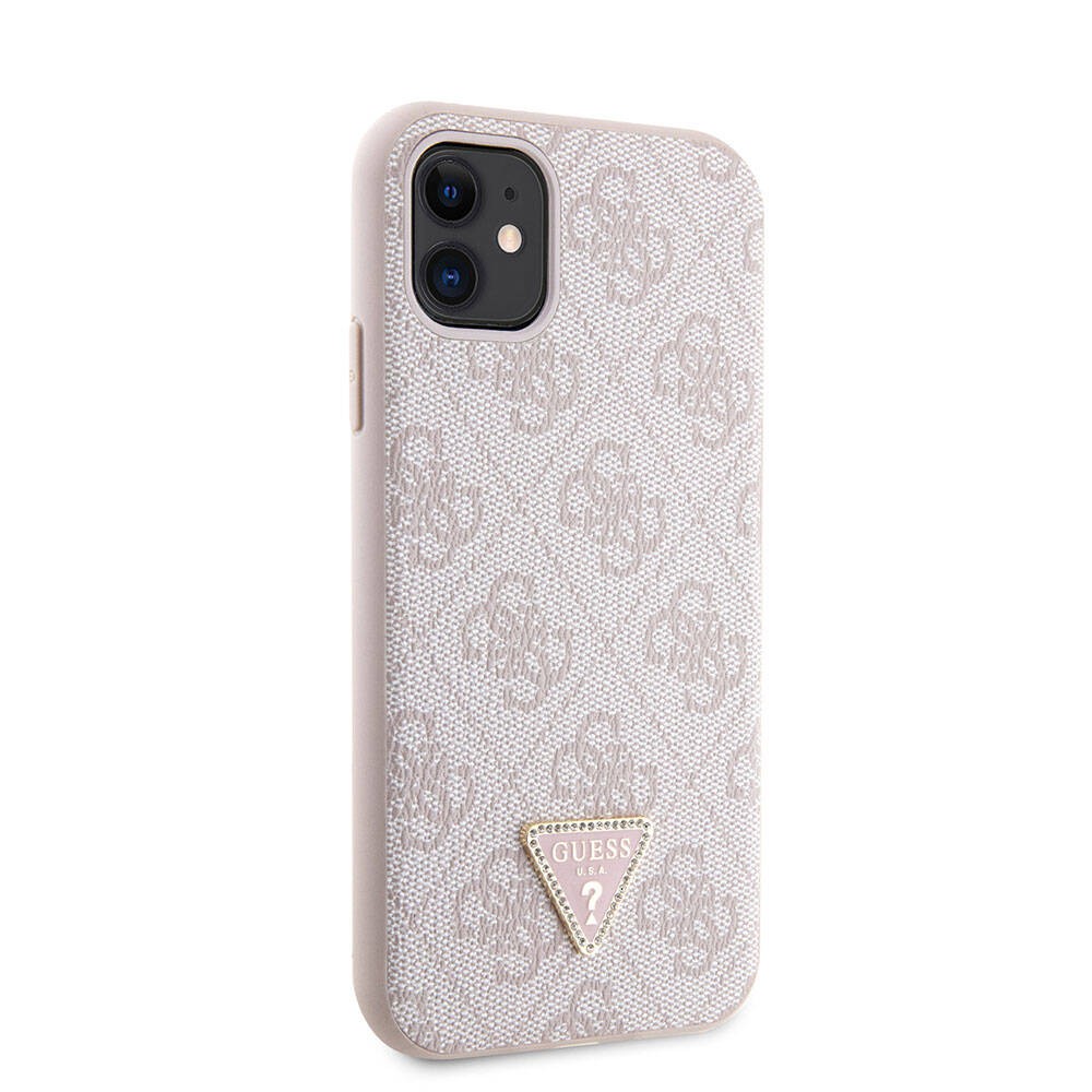 iPhone 11 Kılıf Guess Orjinal Lisanslı PU Deri Taşlı Üçgen Logo 4G Desenli Kılıf
