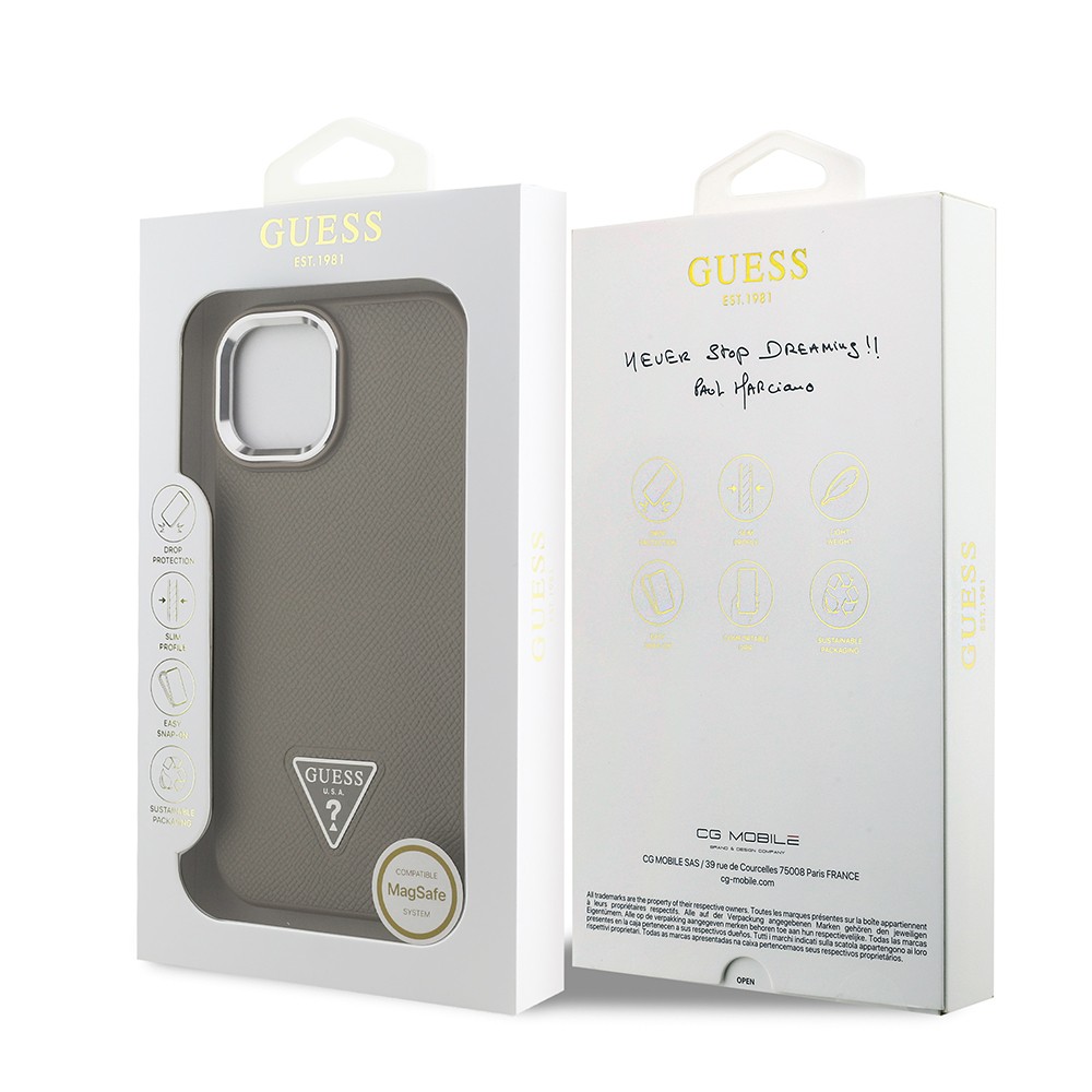 Apple iPhone 15 Kılıf Guess Orjinal Lisanslı M-safe Şarj Özellikli Grained Triangle Kapak