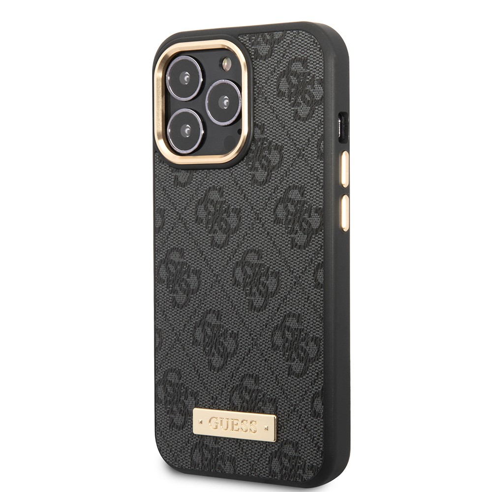 Apple iPhone 14 Pro Max Kılıf Guess Orjinal Lisanslı M-safe Şarj Özellikli 4G Desenli PU Metal Plaka Klasik Logolu Kapak