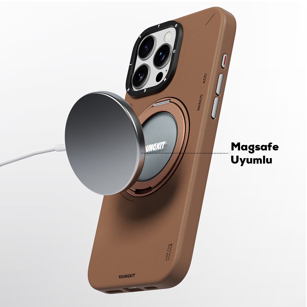 Apple iPhone 15 Pro Max Kılıf M-safe Şarj Özellikli 360° Standlı Basit Mat Deri Desenli Youngkit Tech Leather Serisi Kapak