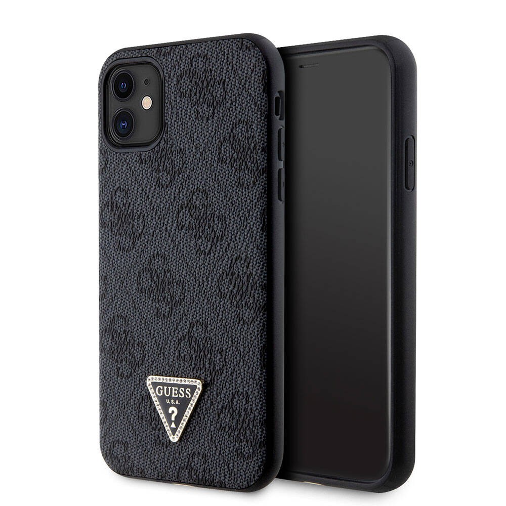 iPhone 11 Kılıf Guess Orjinal Lisanslı PU Deri Taşlı Üçgen Logo 4G Desenli Kılıf