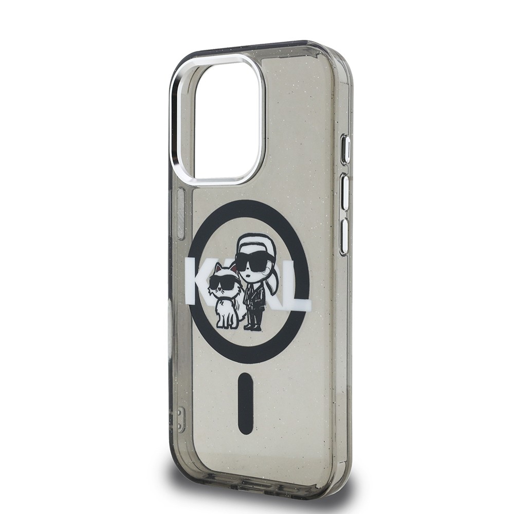 Apple iPhone 15 Pro Max Kılıf Karl Lagerfeld Orjinal Lisanslı Parlayan Simli Karl & Choupette Sketch Logo Kapak