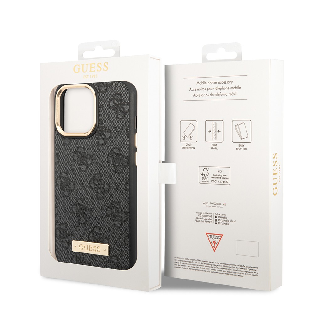 Apple iPhone 14 Pro Max Kılıf Guess Orjinal Lisanslı M-safe Şarj Özellikli 4G Desenli PU Metal Plaka Klasik Logolu Kapak