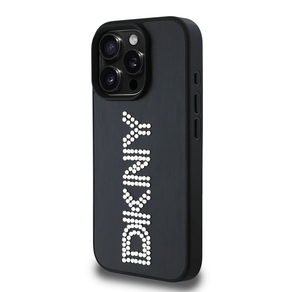 Apple iPhone 15 Pro Max Kılıf DKNY Orjinal Lisanslı Taşlı DKNY Yazılı Metalik Rhinestones PU Deri Kapak