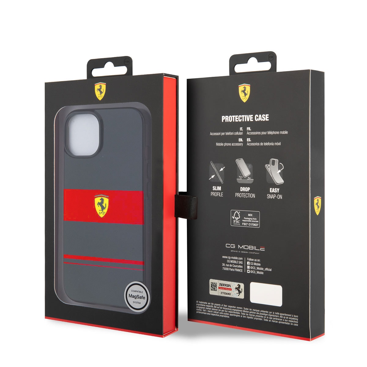 Apple iPhone 14 Kılıf Ferrari Orjinal Lisanslı M-safe Şarj Özellikli Yatay Çizgili Dizayn Kapak