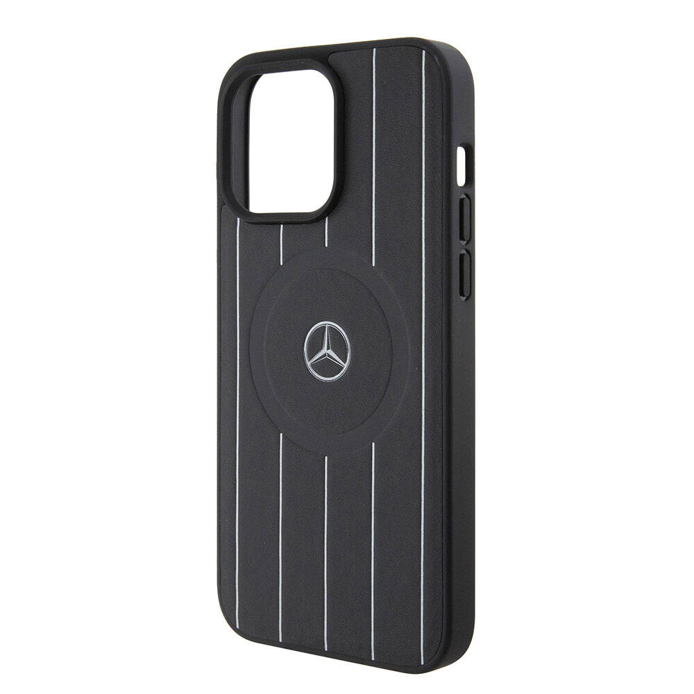 Apple iPhone 15 Pro Max Kılıf Mercedes Benz Orjinal Lisanslı M-safe Şarj Özellikli Baskı Logolu Paralel Çizgi Desenli Deri Kapak