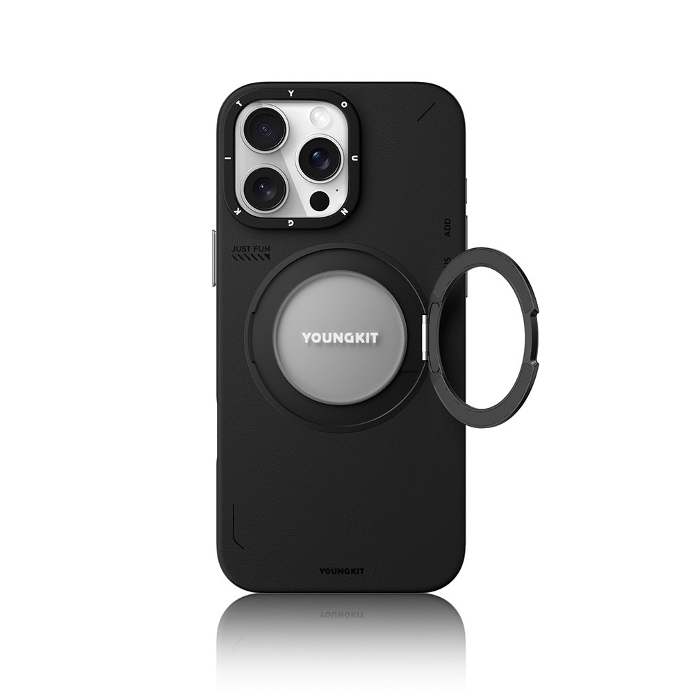 Apple iPhone 16 Pro Max Kılıf M-safe Şarj Özellikli 360° Standlı Basit Mat Deri Desenli Youngkit Tech Leather Serisi Kapak
