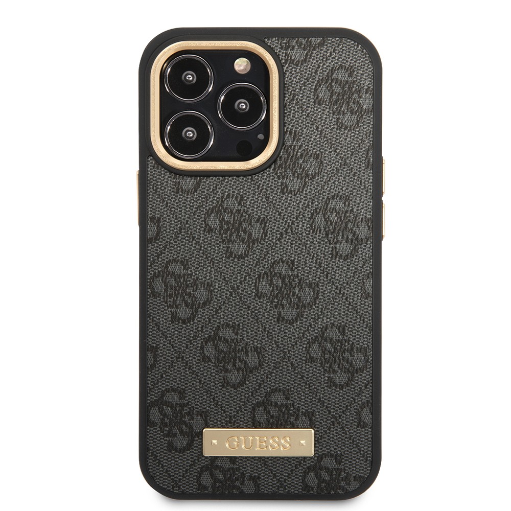 Apple iPhone 15 Pro Max Kılıf Guess Orjinal Lisanslı M-safe Şarj Özellikli 4G Desenli PU Metal Plaka Klasik Logolu Kapak