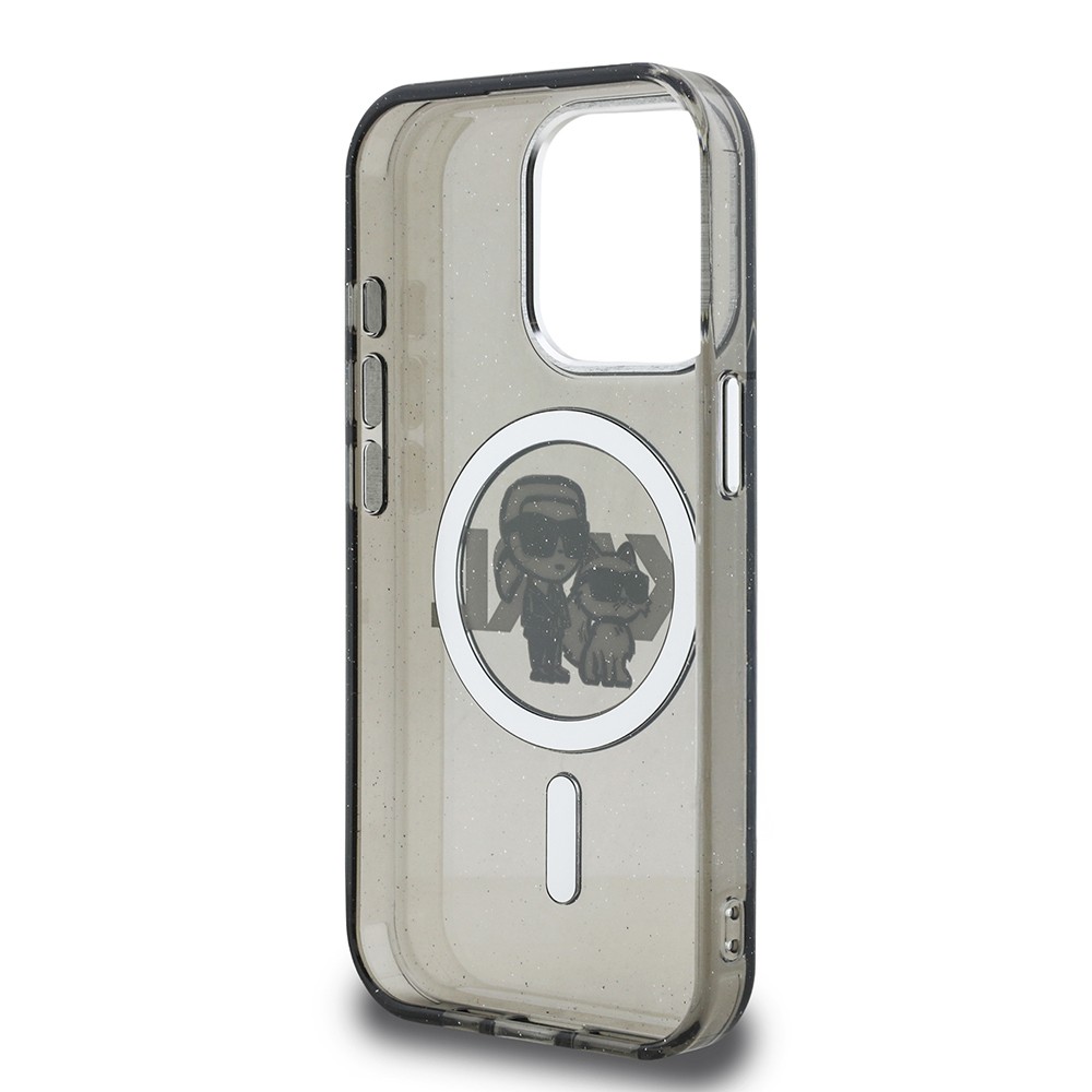 Apple iPhone 15 Pro Max Kılıf Karl Lagerfeld Orjinal Lisanslı Parlayan Simli Karl & Choupette Sketch Logo Kapak