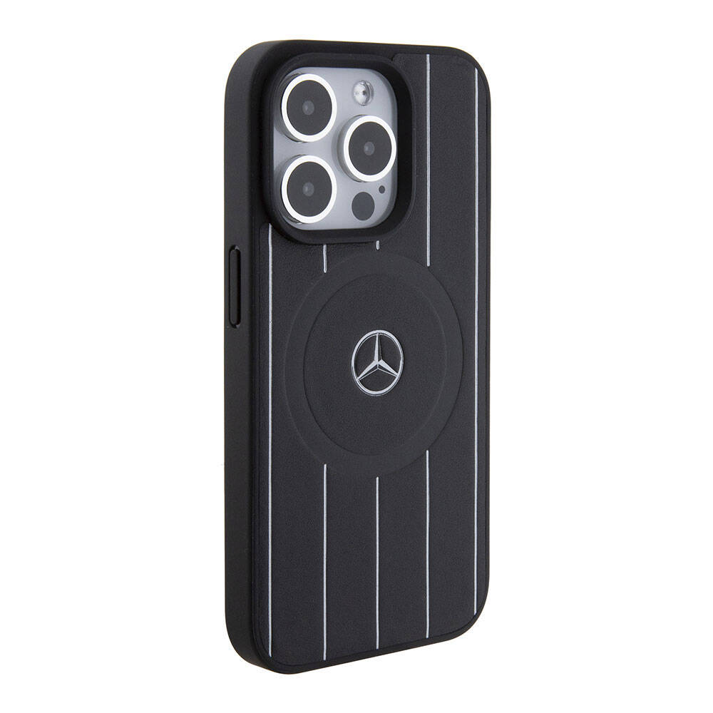 Apple iPhone 15 Pro Kılıf Mercedes Benz Orjinal Lisanslı M-safe Şarj Özellikli Baskı Logolu Paralel Çizgi Desenli Deri Kapak