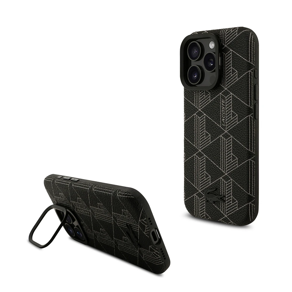 Apple iPhone 16 Pro Max Kılıf Lacoste Orjinal Lisanslı M-safe Şarj Özellikli Standlı PU Deri Karışık Monogram Desenli Kapak