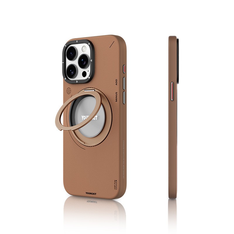 Apple iPhone 15 Pro Kılıf M-safe Şarj Özellikli 360° Standlı Basit Mat Deri Desenli Youngkit Tech Leather Serisi Kapak