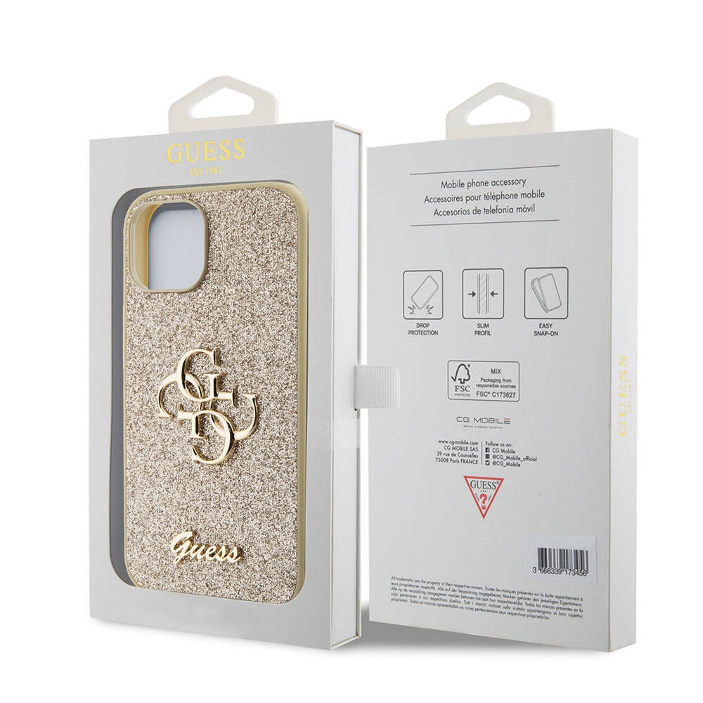 iPhone 15 Plus Kılıf Guess Orjinal Lisanslı 4G Büyük Metal Logolu Glitter Kılıf