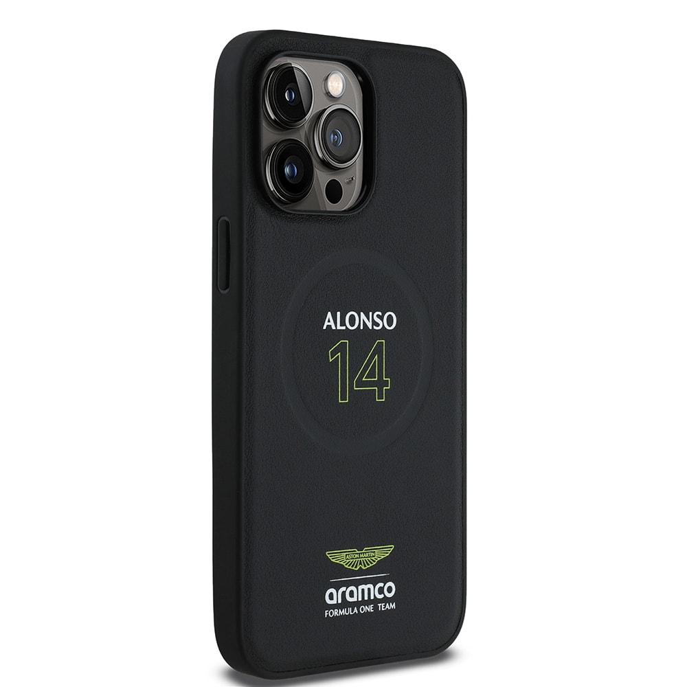 Apple iPhone 14 Pro Max Kılıf Aston Martin Orjinal Lisanslı M-safe Şarj Özellikli PU Deri Alonso 14 Baskılı Kapak