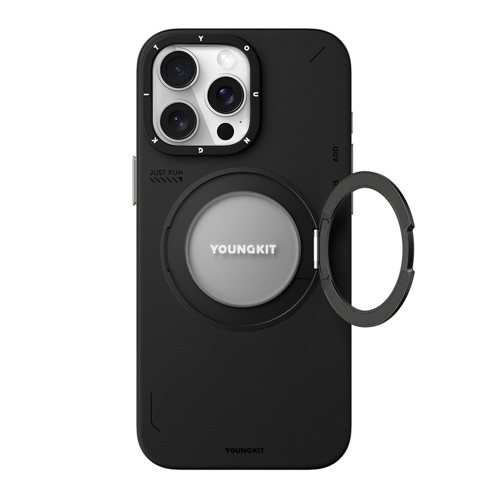 Apple iPhone 15 Pro Max Kılıf M-safe Şarj Özellikli 360° Standlı Basit Mat Deri Desenli Youngkit Tech Leather Serisi Kapak