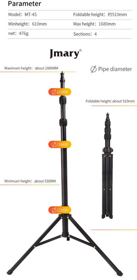 Jmary MT-45 Tripod 168 cm 360 Derece Dönebilen Başlık 3 Kademeli Yükseklik Ayarı