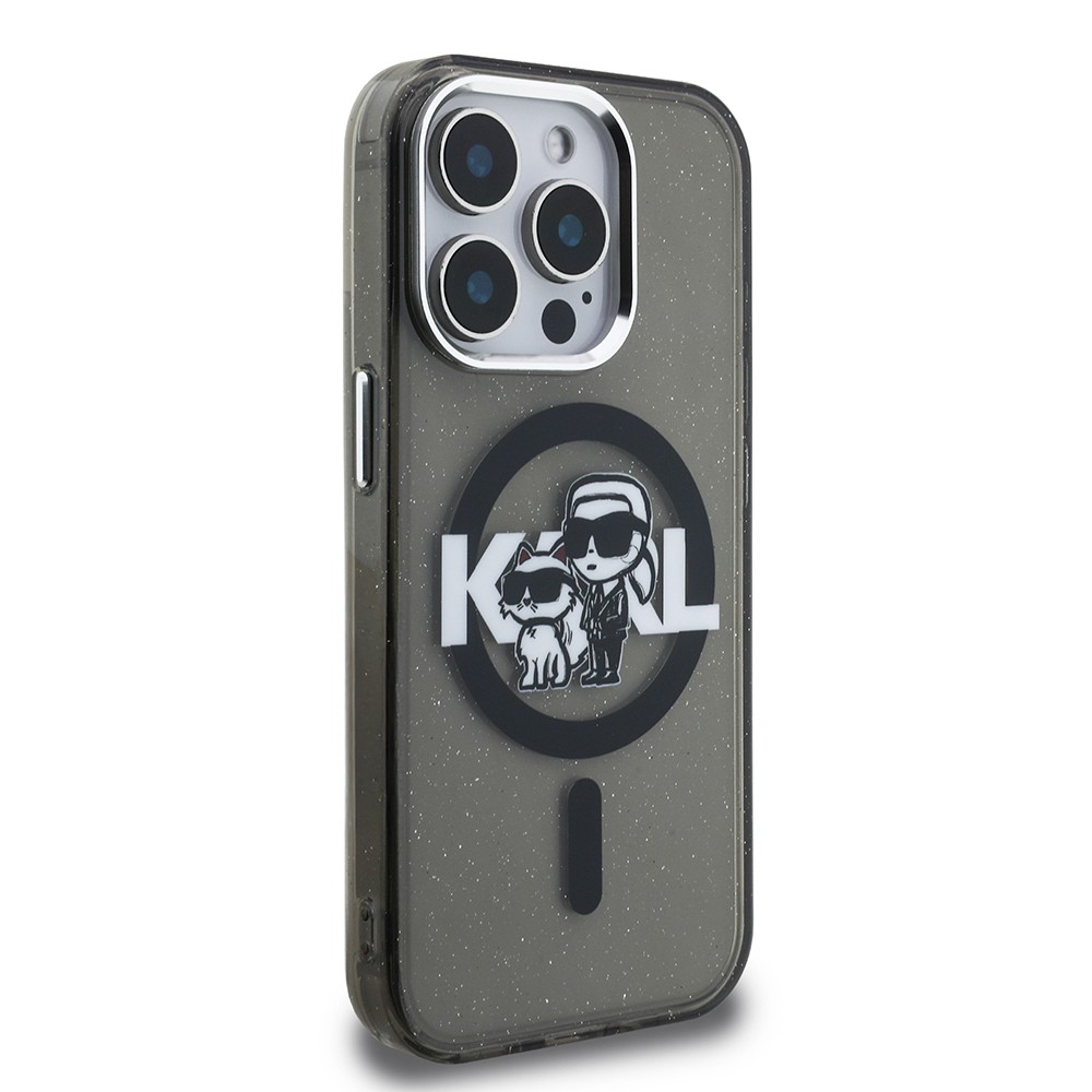 Apple iPhone 15 Pro Max Kılıf Karl Lagerfeld Orjinal Lisanslı Parlayan Simli Karl & Choupette Sketch Logo Kapak