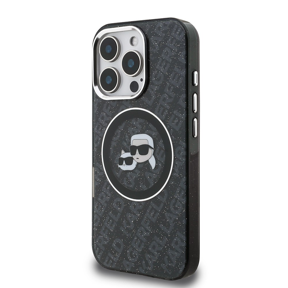 Apple iPhone 16 Pro Max Kılıf Karl Lagerfeld Orjinal Lisanslı Parlayan Simli Karl & Choupette Heads Kapak