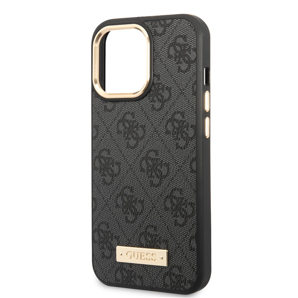 Apple iPhone 14 Pro Max Kılıf Guess Orjinal Lisanslı M-safe Şarj Özellikli 4G Desenli PU Metal Plaka Klasik Logolu Kapak