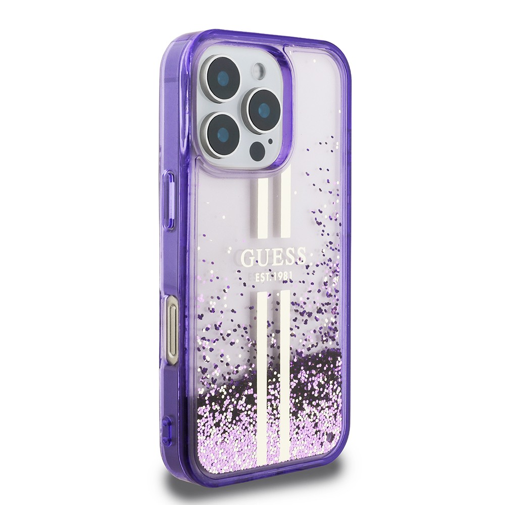 Apple iPhone 16 Pro Kılıf Guess Orjinal Lisanslı Transparan Sıvılı Simli Altın Çizgili Kapak
