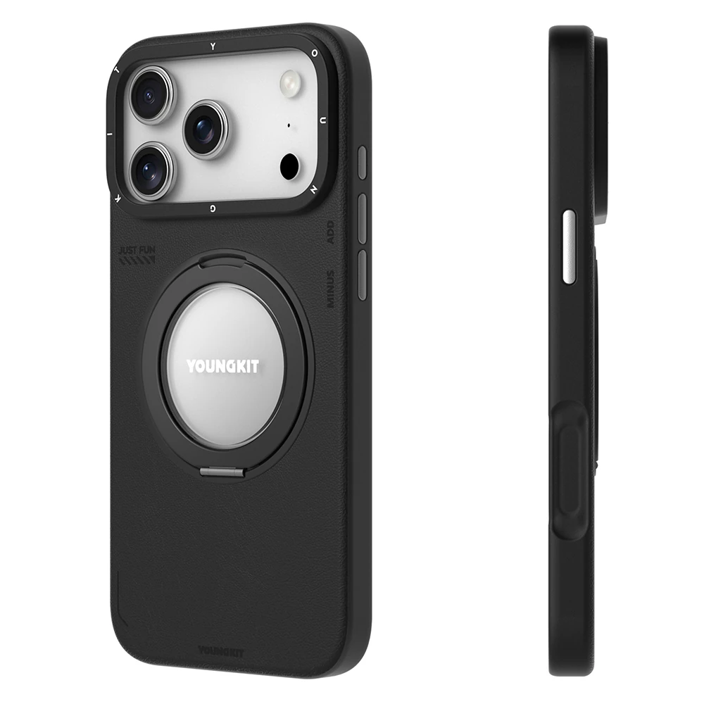 Apple iPhone 17 Pro Max Kılıf M-safe Şarj Özellikli 360 Derece Standlı Basit Mat Deri Desenli Youngkit Tech Leather Serisi Kapak