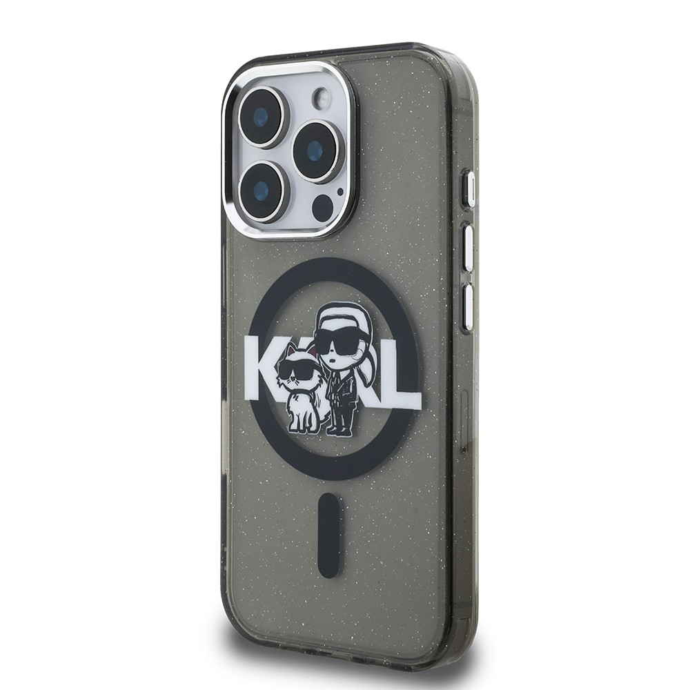Apple iPhone 16 Pro Max Kılıf Karl Lagerfeld Orjinal Lisanslı Parlayan Simli Karl & Choupette Sketch Logo Kapak