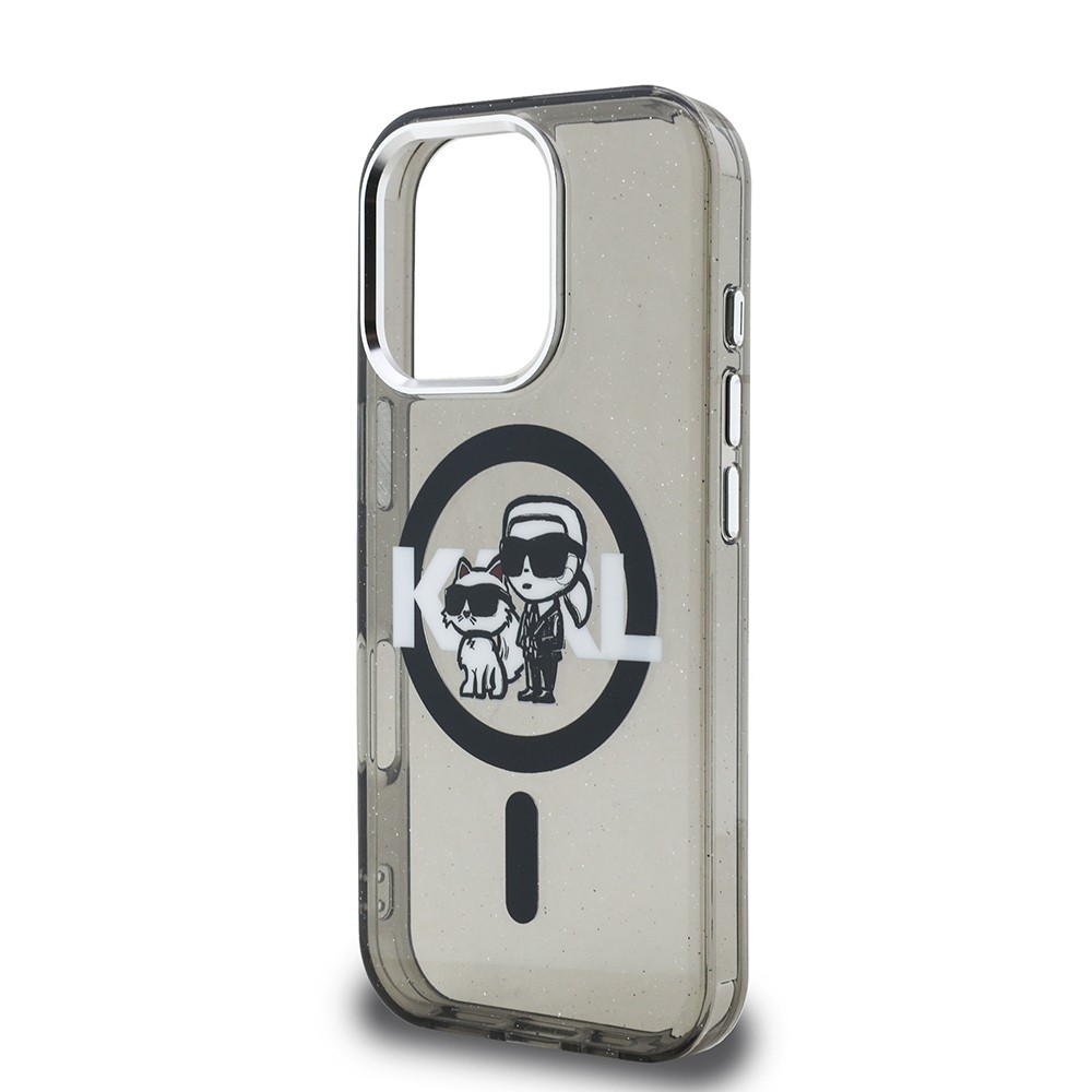 Apple iPhone 16 Pro Max Kılıf Karl Lagerfeld Orjinal Lisanslı Parlayan Simli Karl & Choupette Sketch Logo Kapak