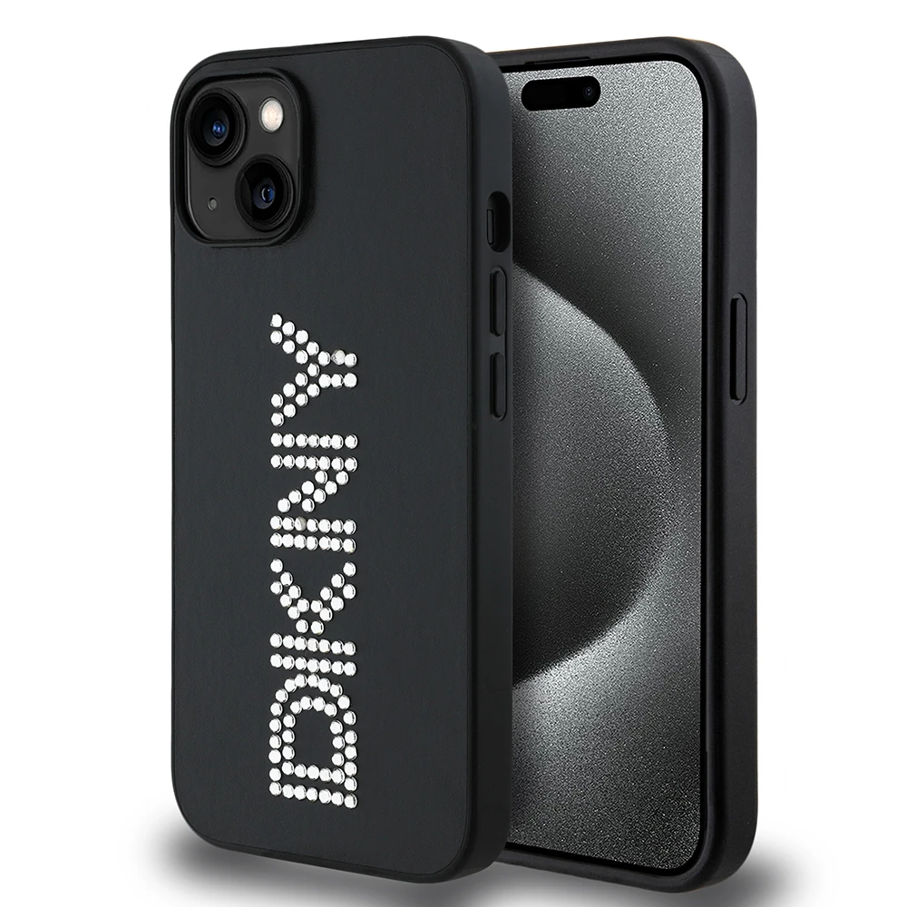 Apple iPhone 14 Kılıf DKNY Orjinal Lisanslı Taşlı DKNY Yazılı Metalik Rhinestones PU Deri Kapak