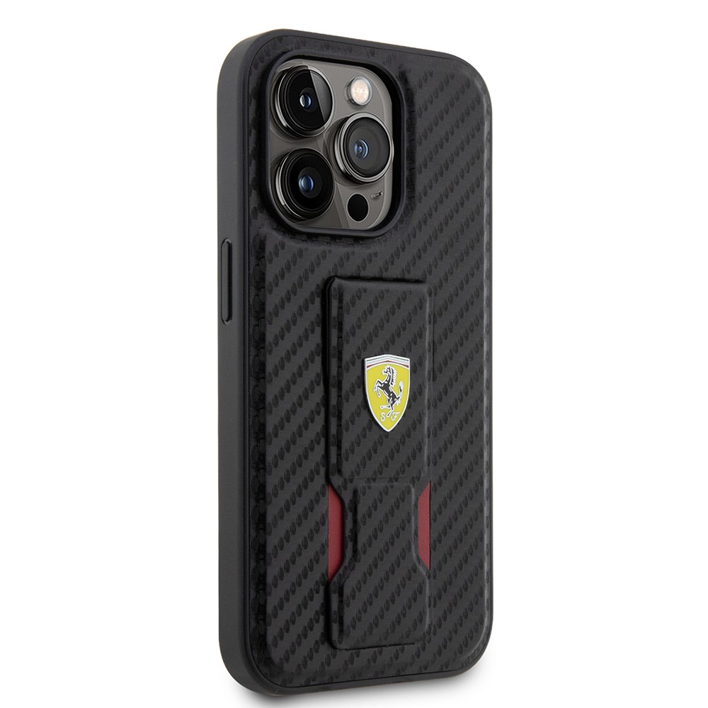 Apple iPhone 14 Pro Kılıf Ferrari Orjinal Lisanlı Klasik Metal Logolu Delikli Standlı Karbon Kapak