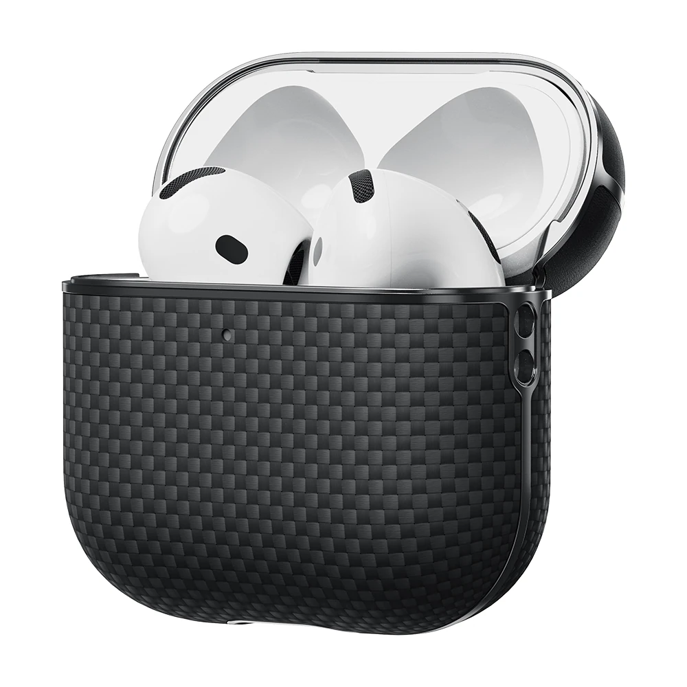 Apple Airpods 4 Kılıf 1500D Aramid Fiber Pitaka Ultra-Slim Classic Serisi Black-Grey Twill Kapak