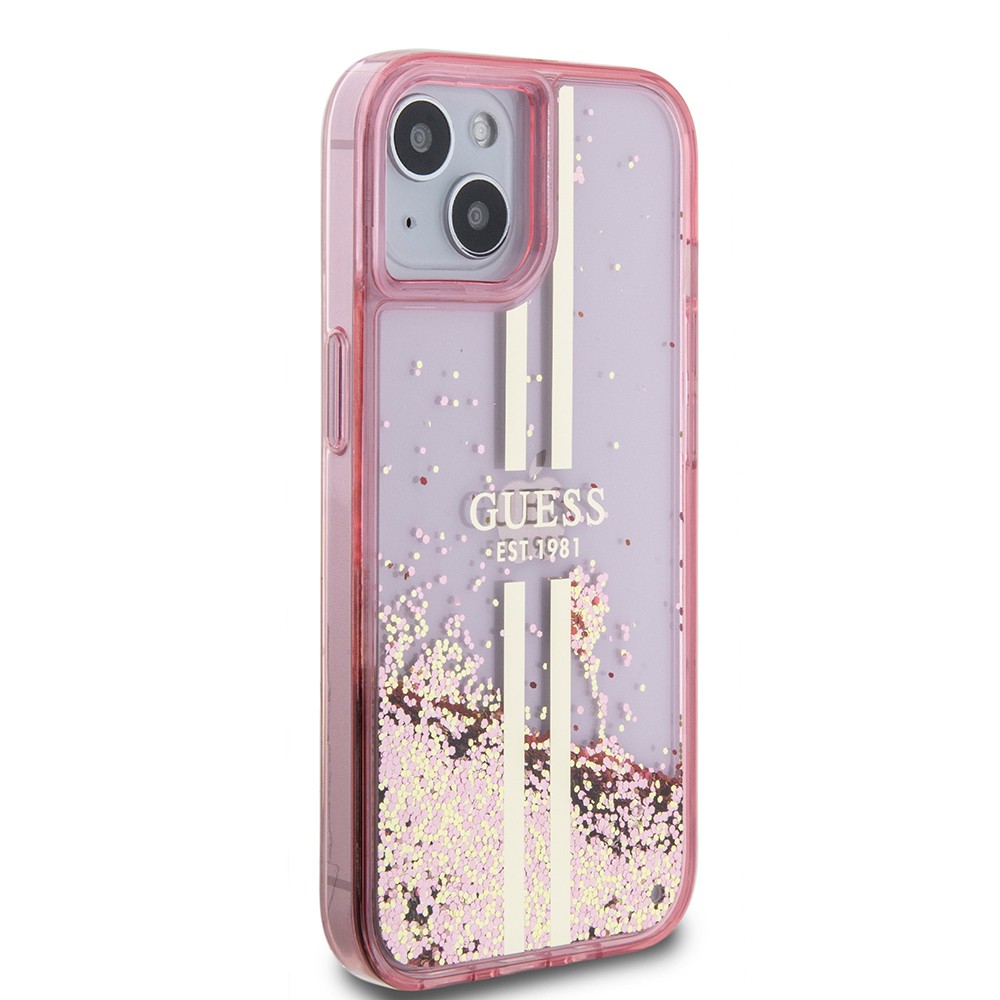 Apple iPhone 14 Kılıf Guess Orjinal Lisanslı Transparan Sıvılı Simli Altın Çizgili Kapak